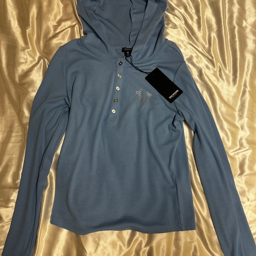 True Religion Gray Hooded Long Sleeve Polo Sweatshirt